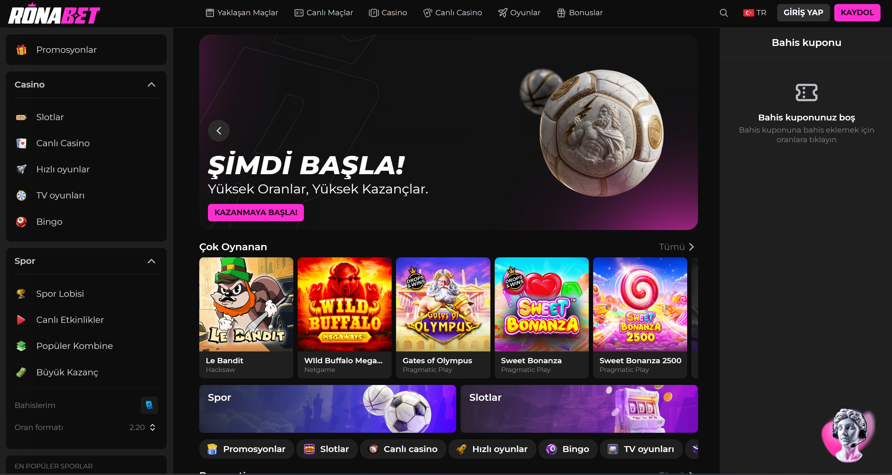 Ronabet Casino Platform Interface showing popular games and live betting options