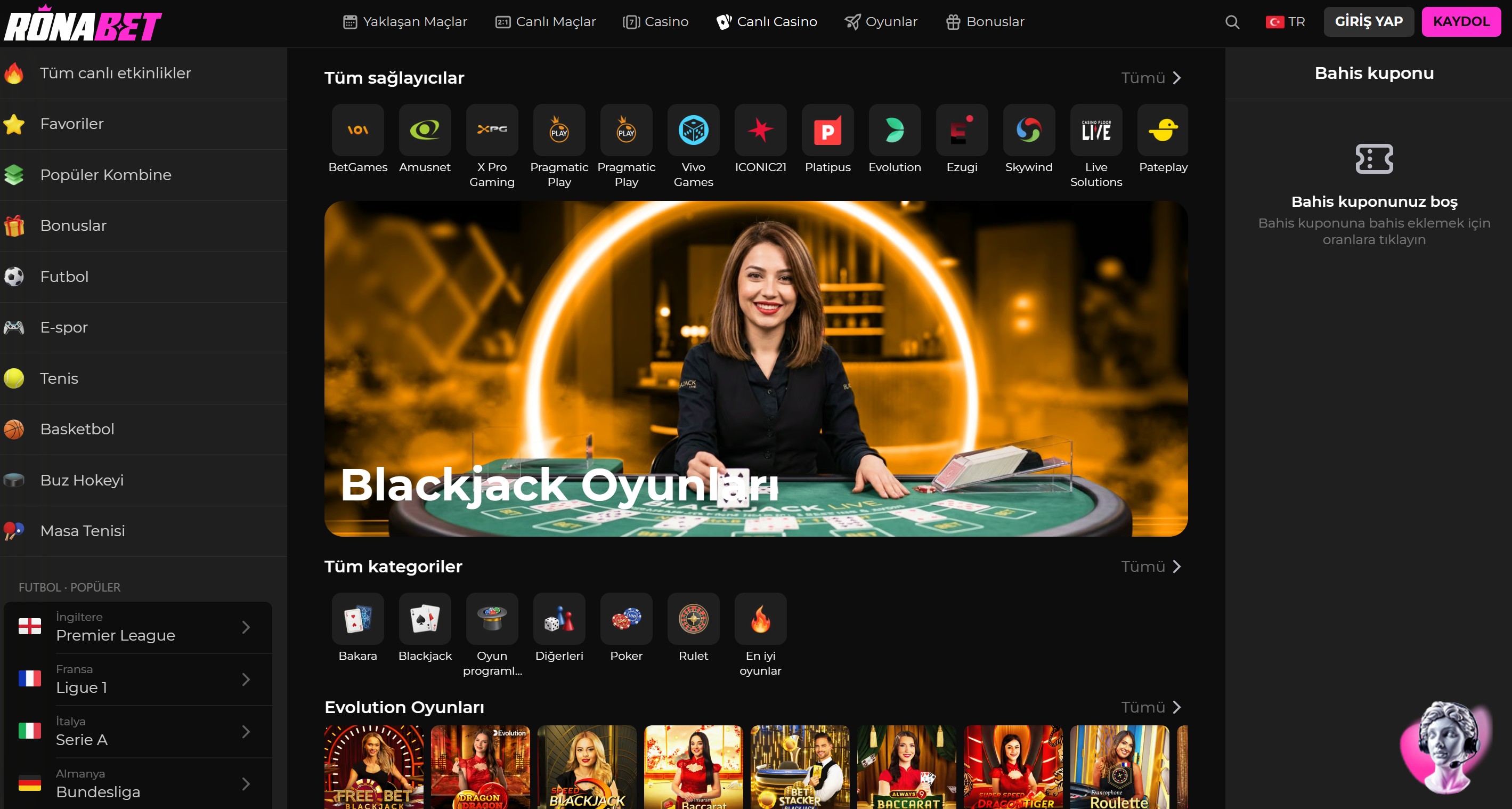 Ronabet Live Casino featuring professional dealers, blackjack, roulette, and baccarat tables